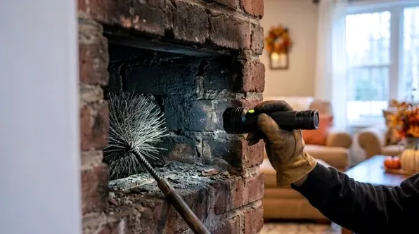 Technician inspecting a fireplace in a Port Monmouth home that took on floodwater